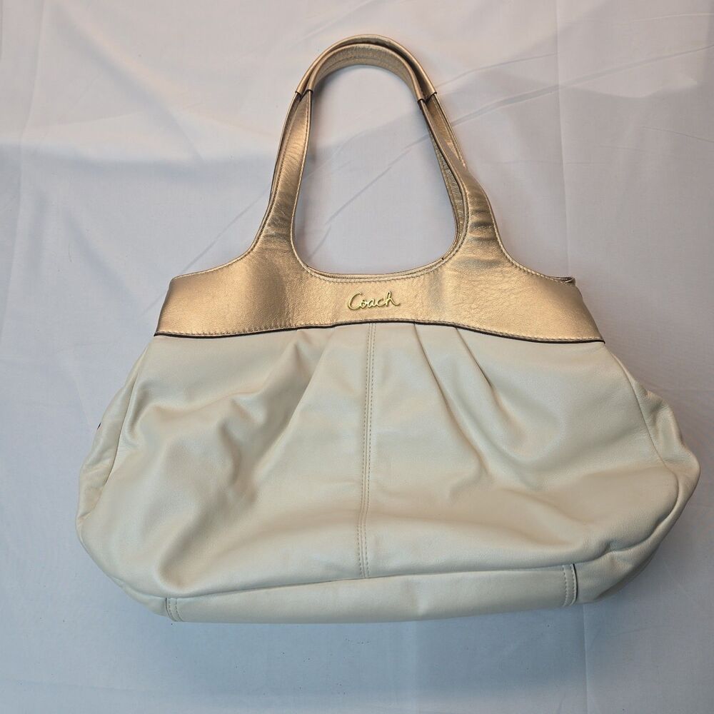 Coach Lexi Handbag Double Handle Cream & Gold Leather Purple Lining L1094-F16312
